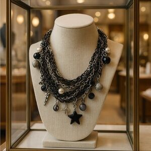Multi layered chains w/various charms necklace, black & silver tones ⚪️⚫️ ⛓️‍💥